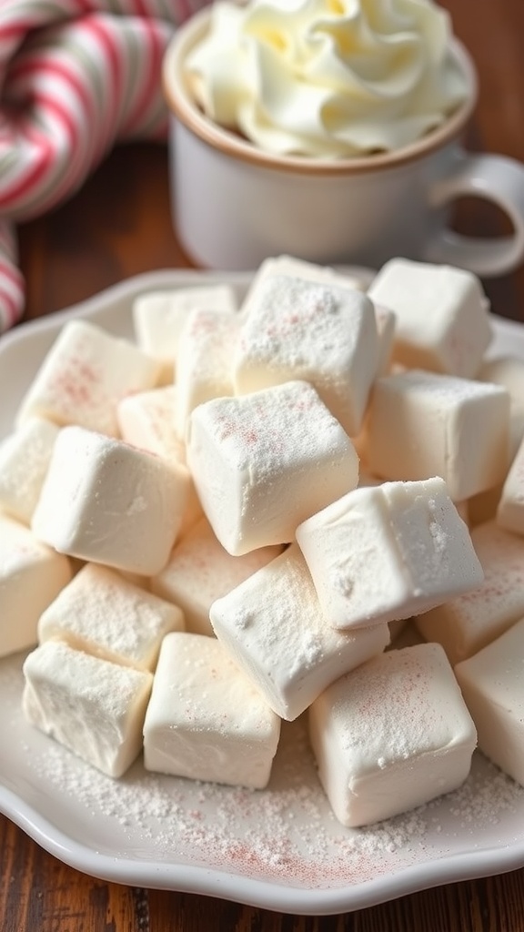 Homemade Beef Gelatin Marshmallows Recipe Fluffy homemade marshmallows dusted with powdered sugar, served on a plate next to a cup of hot cocoa.
